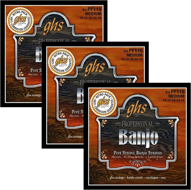 - 5-String Banjo Strings - Nickel-Plate - Medium Gauge - 010-024 - Model: PF115 SET - Pack of 3 SETS